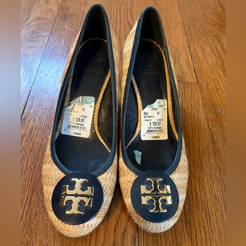 Tory Burch Rafia Straw Wedge Ballet Flat Black Gold Logo Nwt Womenâs 10 12128220
